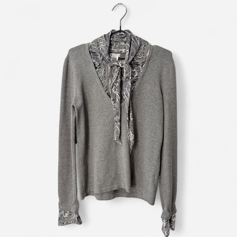 Classy quiet luxury Nine West gray long sleeve blouse with paisley scarf